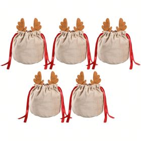 Set Of 5 Christmas Velvet Drawstring Gift Bags With Reindeer Antler Design. Suitable For Organizing Jewelry Or Candy. Santa Gift Bags, Perfect Fo (Option: Khaki Antlers)