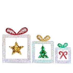 Set Of 3 Lighted Iridescent Cut-out Gift Box Christmas Decorations, Pre-lit Holiday Decor With 357 White LED Lights For Xmas Outdoor Indoor Decor (Option: white)